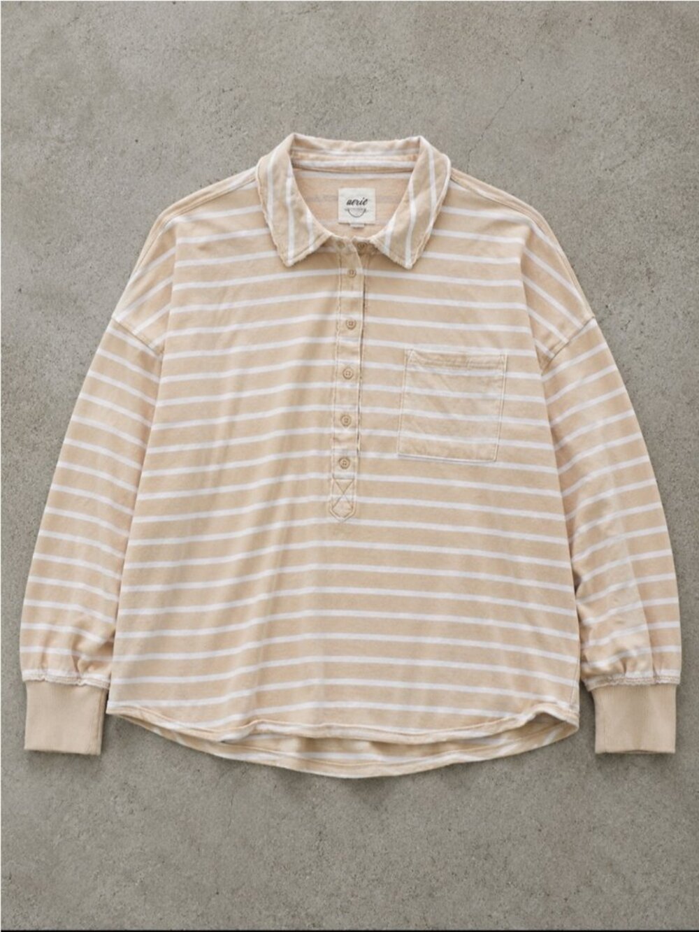 Aerie Rugby Polo Sweatshirt Woman XL Beige White Striped Cotton Oversized 2024